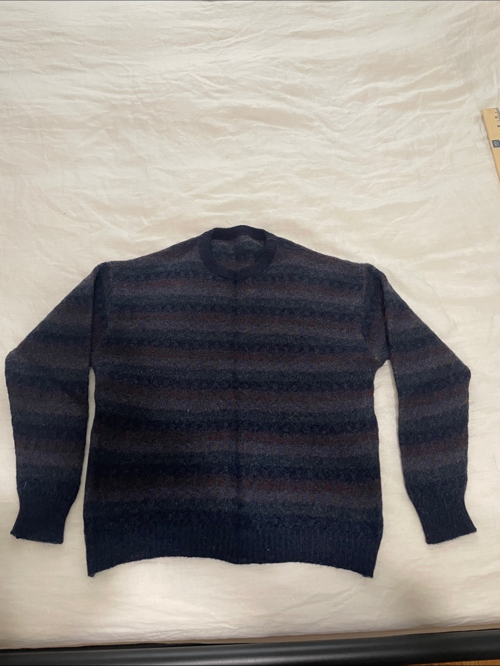 VTG Men's Crewneck Striped Wool Blend Sweater - Navy Blue and Brown